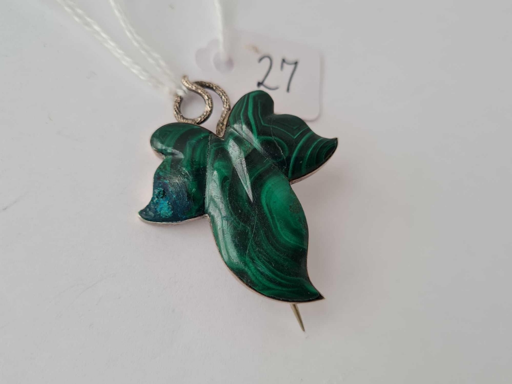 A silver and Malachite leaf brooch