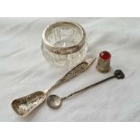 Two decorative Eastern spoons a thimble and a salt