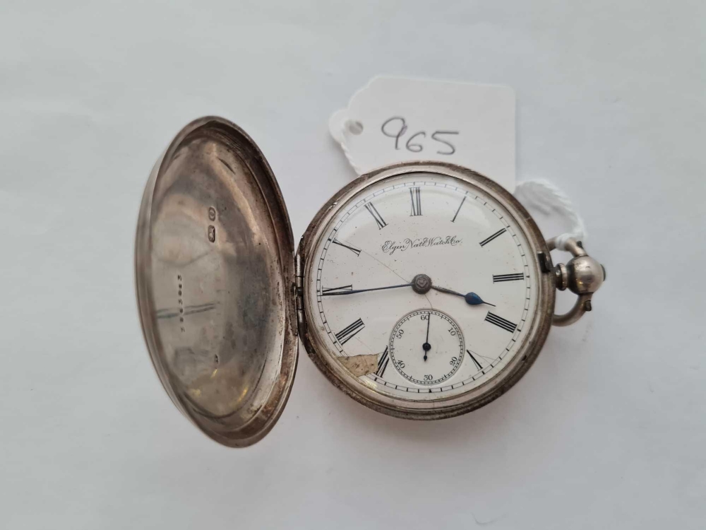 A gents silver pocket watch by Elgin with seconds sweep - the outer case has double crest, slight