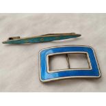 An Edwardian oblong 2 colour enamel buckle London 1908 & a brooch.