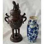 Chinese bronze small jar and cover surmounted with a Dog of Fo. 8 inch high and a Chinese blue and
