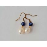 A pair of lapis and pearl drop earrings