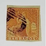 BARBADOS SG5 (1855) 4d on blued paper, 3 plus margins. Clean used copy. Cat £275