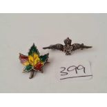 CHARLES HORNER RAF wings brooch in silver and silver maple leaf brooch