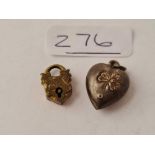 Two novelty items miniature padlock and heart charm with shamrock motive