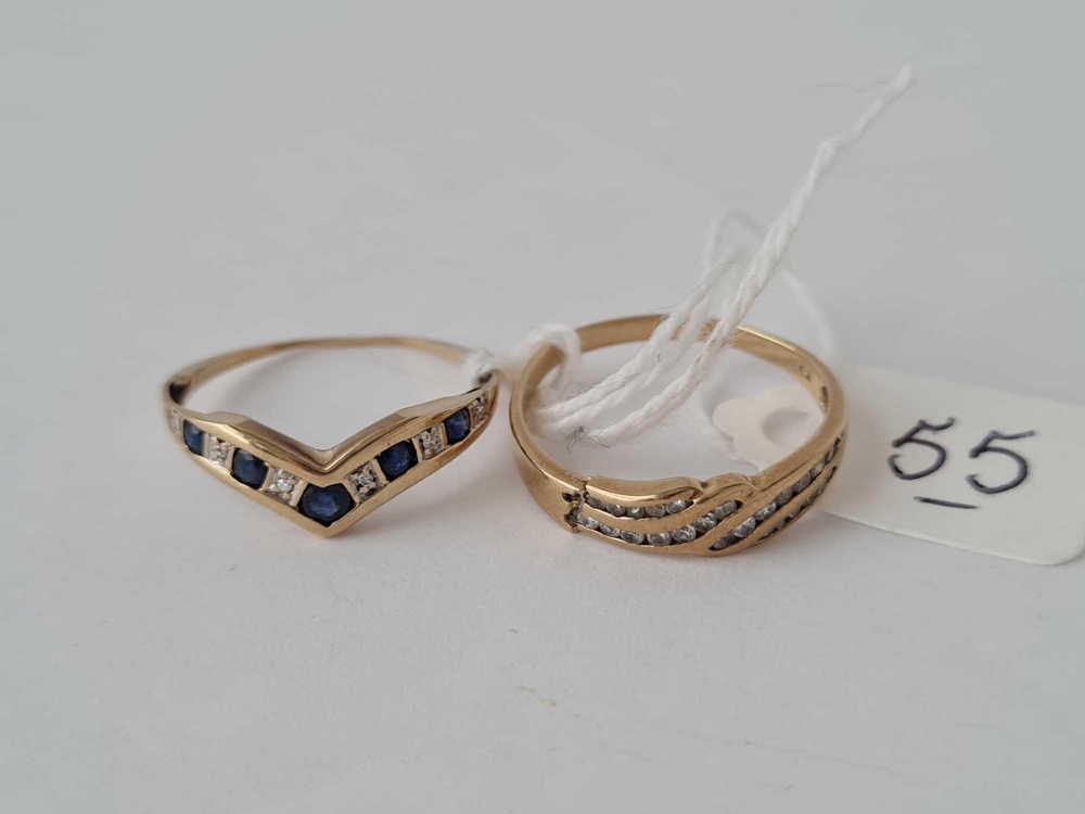 Sapphire & diamond wishbone ring size Q(worn thin) & another 9ct ring (cut) 3.5g inc