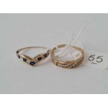 Sapphire & diamond wishbone ring size Q(worn thin) & another 9ct ring (cut) 3.5g inc