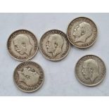 Five George V 925 silver shilling