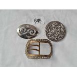 Another Georgian buckle, silver jar cover/ brooch and another silver brooch (3)