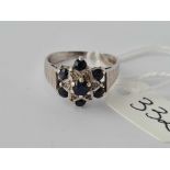 Sapphire & diamond 9ct white gold cluster ring size M 3.6g inc