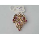 A attractive contempory ruby/pearl drop pendant/brooch 9ct