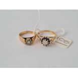 two diamond set rings 9ct size J1/2 and P - 6.5 gms