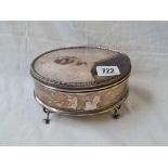 A good oval jewellery box on 4 scroll feet, hinged cover, 6 1/4” wide, London 1917 by GB?