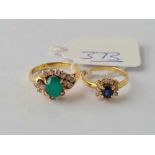 A EMERALD AND DIAMOND RING ONE STONE MISSING 18CT GOLD SIZE O AND A SAPPHIRE AND DIAMOND CLUSTER