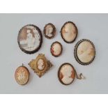 A bag of eight assorted cameo brooches/pendants