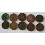 Ten Victorian farthings all different dates