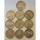 Ten more Italian 100 lira silver coins, 110 g.