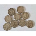 Nine French silver ten francs coins 90 g.