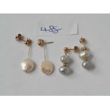 Two pairs pearl set drop earrings 9ct