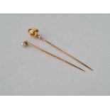 A Victorian pearl knot stick pin 15ct gold - 2 gms and a gold pearl stick pin - 1.3 gms