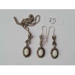 A vintage pair of opal silver drop earrings and matching silver necklace 13g inc