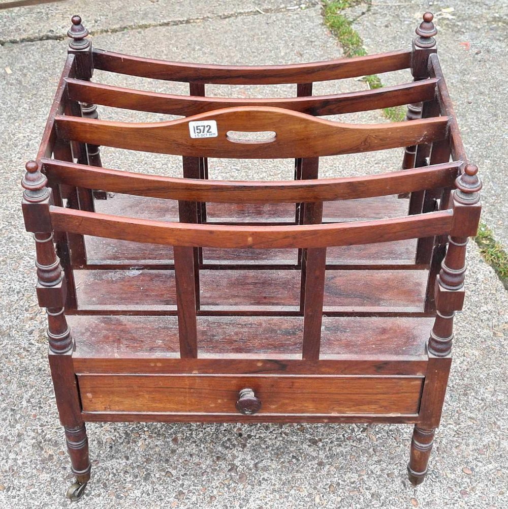 An early Victorian Rosewood music canterbury with drawer to base