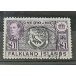 Falklands SG 163 (1938). One £, top value, fine used. Cat £65