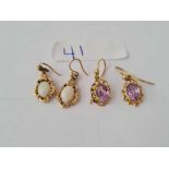 Two pairs 9ct earrings one amethyst and one opal