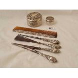 Two embossed top jars, pair of gloves stretchers, etc