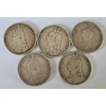 Five Victoria Jubilee head shillings two 1887, 1888, 1889 and 1890