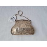 A shaped scroll engraved purse with fitted interior and chain - 4" wide - Birmingham 1912 by WA