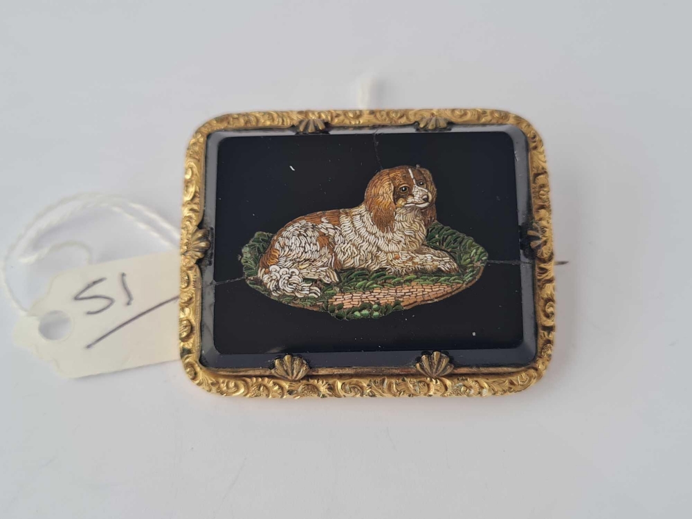 A rare antique micro mosaic dog brooch damage to black background but mosaic in tact