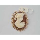 A shell cameo brooch with pearl set 9ct mount 15.7g inc