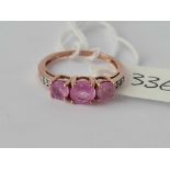 A 3 stone pink sapphire and diamond 9ct rose gold ring size J ½ 1.6g inc