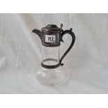 A late Victorian claret jug with silver hinges cover & glass body, 7.5” high, London 1894 by HW &