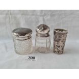 Two silver top jars with glass bodies and also a sterling overlay beaker