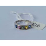 A five stone multi coloured sapphire and diamond band ring 9ct white gold size N - 2.5 gms