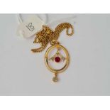 A red & white stone floral 9ct pendant on 9ct chain 2.8g inc