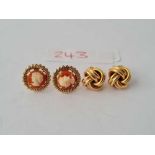 A vintage pair of knot earrings 9ct - 3.2 gms and a cameo pair 9ct - 2.2 gms