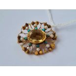 Antique citrine, pearl & turquoise gold brooch 4.7g inc