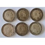 Six Edward VII silver threepences