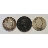 A half-farthing 1843 and two groats pre 1837
