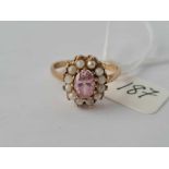 A pink stone & pearl cluster ring in 9ct size P