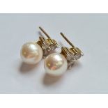 A good pair of pearl and diamond earrings in high carat gold with 9ct butter flies