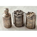 Two Eastern silver sectional herb jars and a similar scent bottle - 103 g.