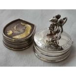 A small jar hinged cover with a mouse and 925 standard horse shoe shaped pill box – 1.25” wide