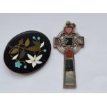 A silver hard stone cross and a Pietra dura brooch A/F