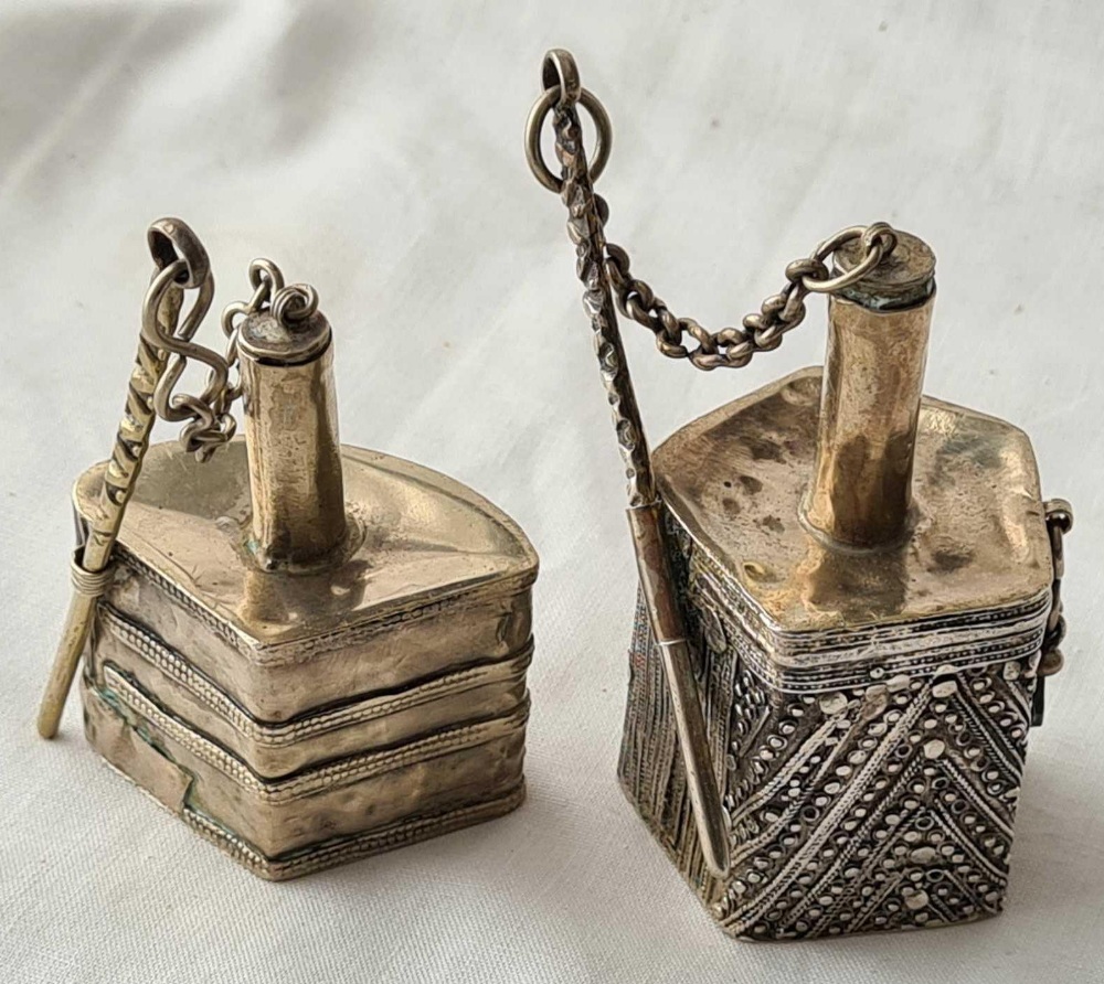 Two Eastern silver scent bottles with chased decoration - 3" high - 88g. - Image 2 of 3