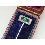 A art deco French platinum sapphire emerald and diamond stick pin boxed