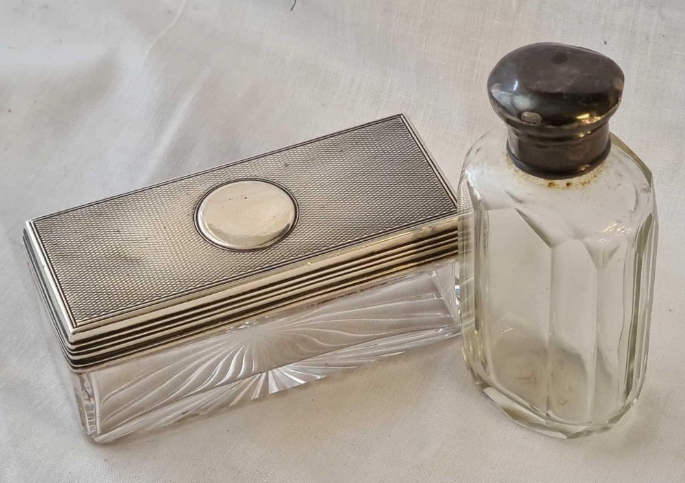 An oblong silver top jar and a scent bottle - one London 1870